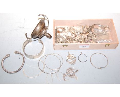 Assorted principally silver costume jewellery to include hinge bangle, brooches, cufflinks, etc