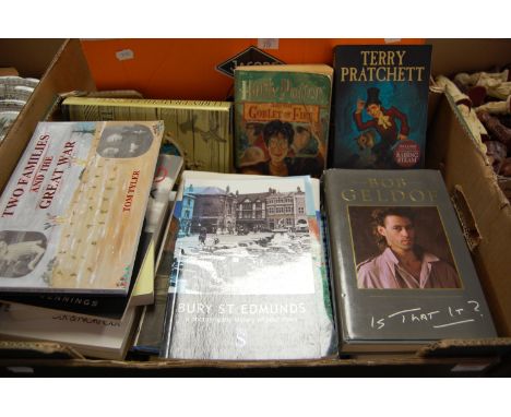 Two boxes of volumes, to include Terry Pratchett and Harry Potter, autobiographies and local interest, some signed