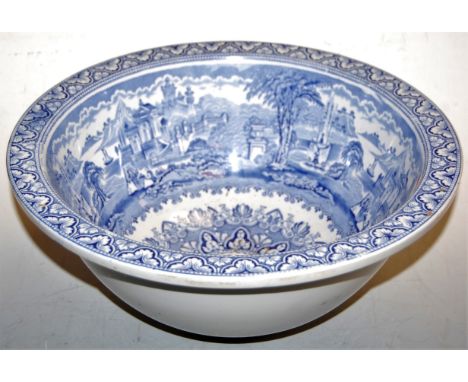 A Victorian Twyford hand basin, blue and white transfer decorated with various country houses, dia. 37cm