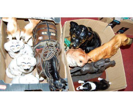 Two boxes of miscellaneous animal figures to include Staffordshire Spaniels, Melba Shire Horse etc