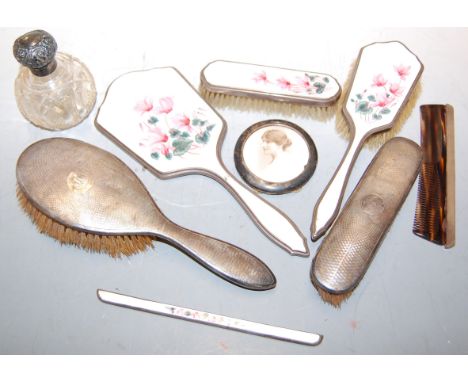 Assorted silver and enamel backed dressing table wares to include hair brushes, clothes brushes, hand mirrors, comb etc, toge