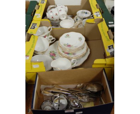 Three boxes of mixed china and silver plated wares, to include part Colclough tea service, Denry trio, flatware and cruets et