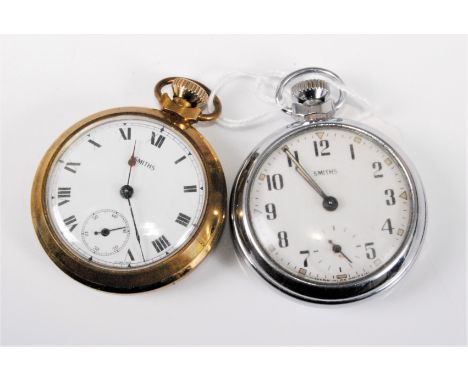Two open faced pocket watches, the first by Smiths with Roman numerals and gilt metal case, the second by Smiths in white met