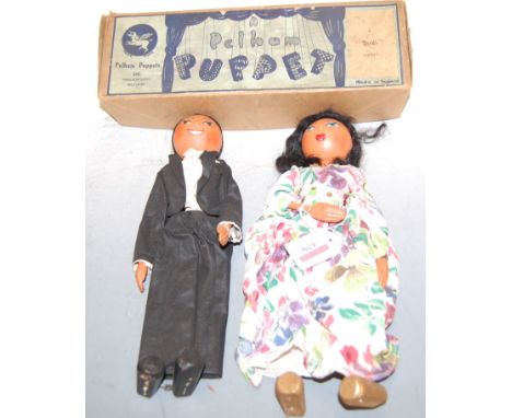 Two Pelham Puppets in early Pelham Bendi Puppet box. Some marks to faces, hands and feet.All limbs feel OK, wires good and al