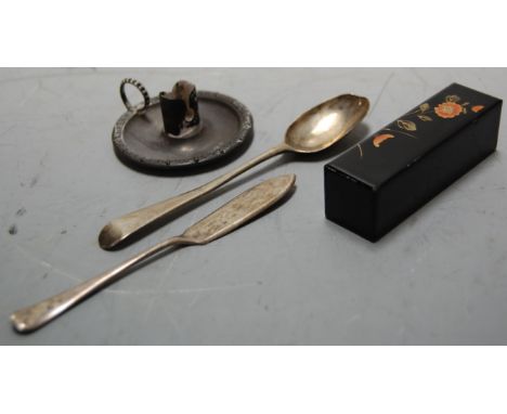 A silver miniature chamber stick, 19th century silver tea spoon, silver miniature butter knife, and a Japan black lacquer dec