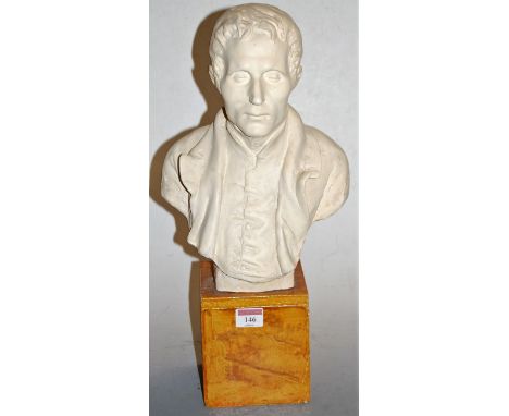 A plaster head and shoulders portrait bust of a gentleman on associated stand, height 46cm