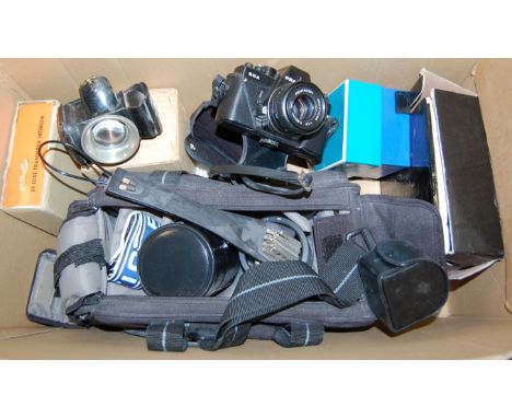 Mixed lot, to include BCA Practika electronic camera, camera accessories, early 20th century belt lamp etc