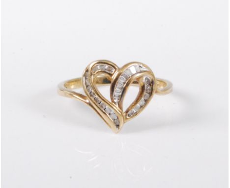 A '10k' diamond heart shaped ring, the overlocking ribbon forming an open heart shape, set with round and bagette cut diamond