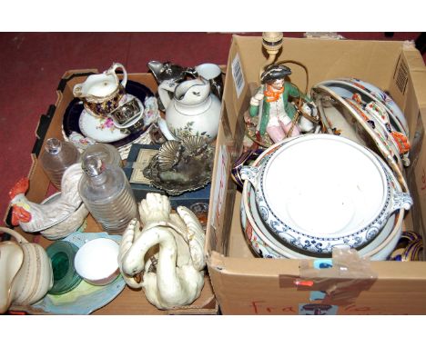 Two boxes of miscellaneous items to include part tea service, figural lamp base, soup tureen etc