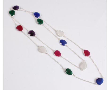 A multi gemset necklace, the pear shaped rough faceted gemstones, to include, amethyst, labradorite, and red, green and blue 