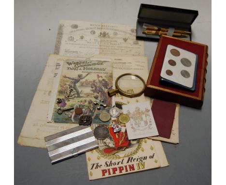 A box of miscellaneous items, to include a Nurses five year service medal naming Muriel R Pratt, Britains first decimal coin 