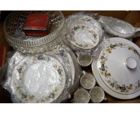 A Royal Doulton part tea and dinner service in the Larchmont pattern together with a cut glass bowl and lithograph tin