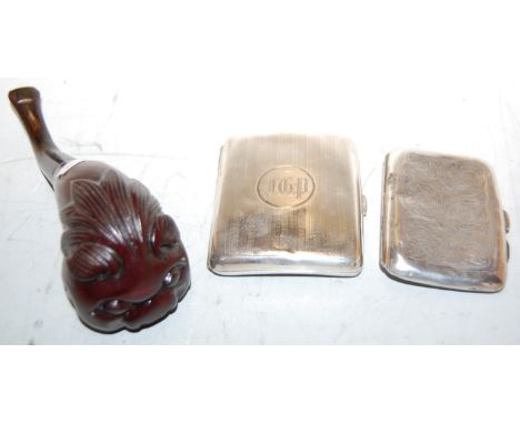 Two George V silver pocket cigarette cases together with a smoking pipe (3)