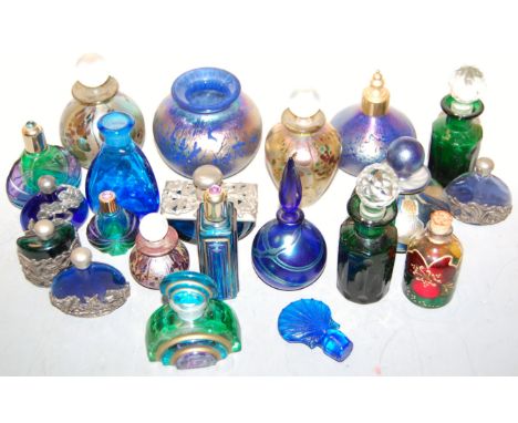 A quantity of iridescent glassware, to include scent bottles, squat vase, Isle of Wight glass, various other coloured glass s