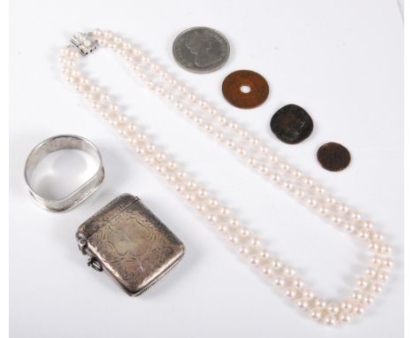 A two strand cultured pearl necklace, the uniform pearls, approx. 6.8mm, with cultured pearl clasp stamped 'Sterling', 56cm l