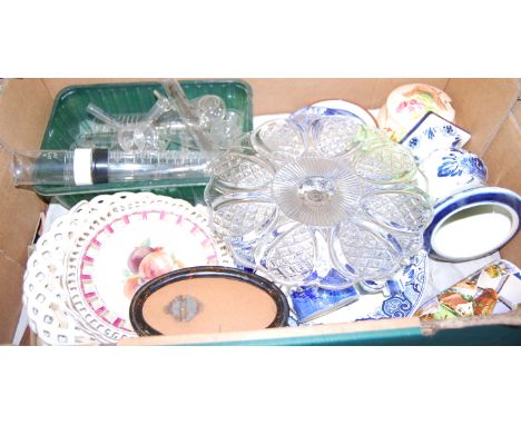 A box of mixed china and glassware, to include laboratory specimen measuring tubes, blue and white Delftware, ribbon plates e