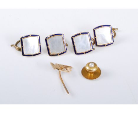 A 15ct gold cultured pearl collar stud, two pairs of 9ct mother of pearl and blue enamel buttons, and an NEF pin, (7.3g gross