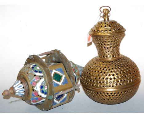 A Persian style brass and glass ceiling light pendant, together with an Eastern pierced brass jar and cover (2)