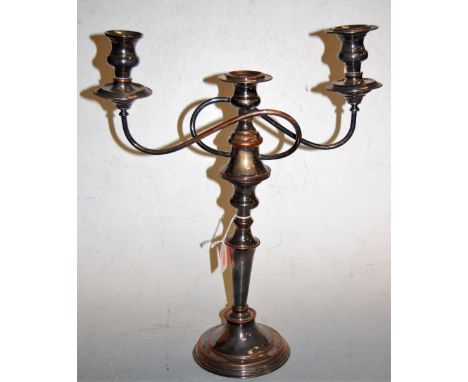 An Old Sheffield Plate silver plated three light candelabra, h.47cm