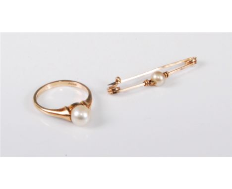 A 9ct gold single cultured pearl ring, size M, and an unmarked culture pearl bar brooch, (3.5g gross), both cased, (2)