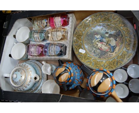 A box of miscellaneous items to include Victorian Prattware plates The Hop Queen by WF Witherington and The Truant by T Webst