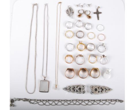 A quantity of mixed jewellery to include a Swarovski ring, a silver and white quartz heart and cherub pendant, a pair of past