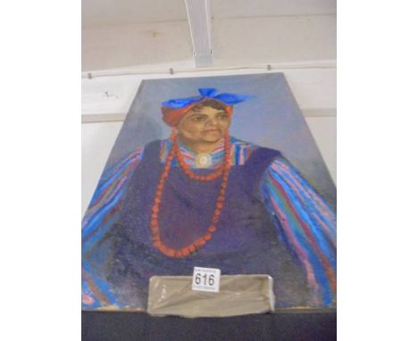 An unframed oil on board portrait of a lady.