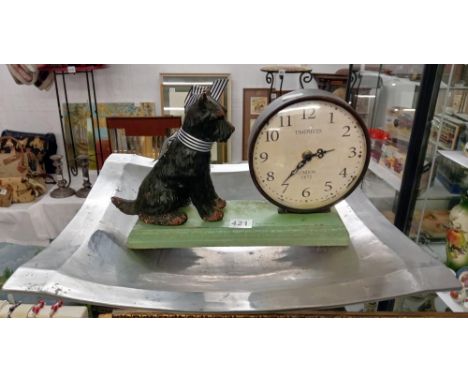 A Timepiece clock with dog figure &amp; a large square silver plate dish