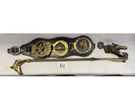 A Leather martingale of horse brasses, A shoe horn &amp; door knocker