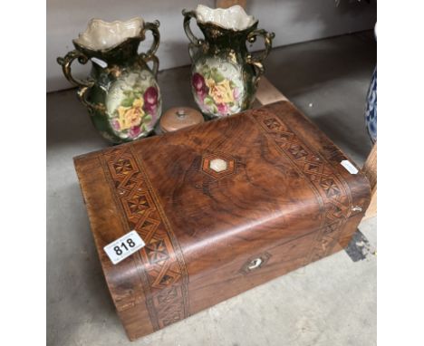 A Victorian inlaid writing box, floral vases A/F &amp; a copper &amp; brass tea caddy