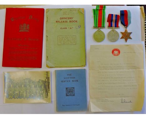 WWII Officers 1939 - 45 Star, Defence Medal and War Medal with Officers release book, Discharge letter and Regular Army Certi