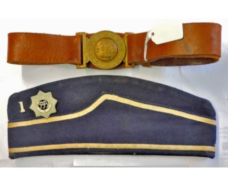 The Boys Brigade - vintage belt with buckle, and side hat with '1' and boys Brigade Badge.