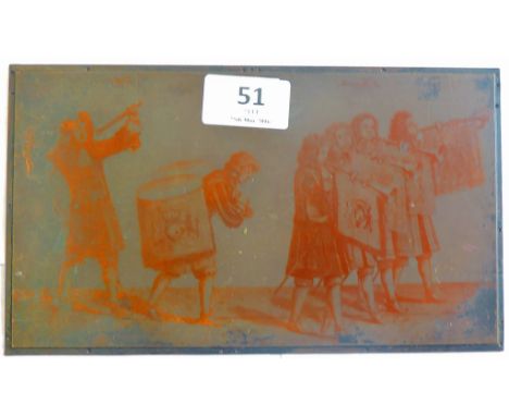 A vintage etched copper printing plate depicting a 17th C Military marching band, good condition.