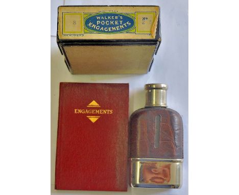 A small Glass Flask covered part leather part white metal -comes in a black box with an unused ladies engagement book, items 