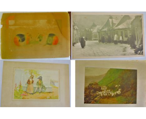 A collection of three prints on different subjects and an old sketch of two hamsters, dated April 1819.