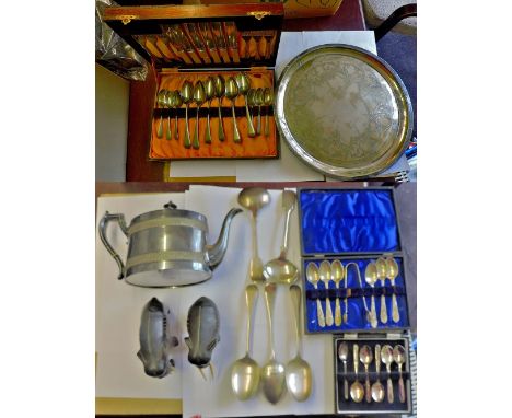 Mixed Cartons-to include plate silver, pair of vintage elephant figures,(wooden/Ivory).Spoons-Tea spoons(6 boxed)spoons(black