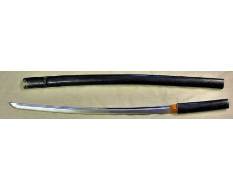 Japanese Katana sword, a contemporary made sword in black scabbard. Blade length 60.5cm's, overall length 88.5cm's