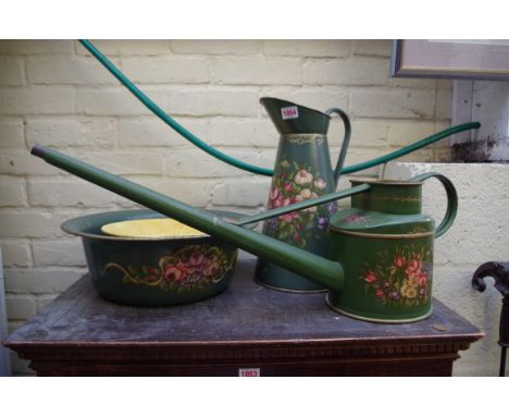 Three Bargeware items, by Maude Beale, comprising: a watering can; and a jug &amp; basin; together with a Carlton Ware pedest