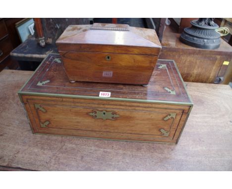 A 19th century rosewood and brass inlaid writing slope,&nbsp;50.5cm wide; together with a rosewood sarcophagus tea caddy, (co