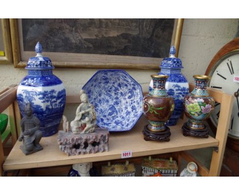 A mixed lot, to include: a pair of Copeland vases and covers, 30.5cm high; a Chinese soapstone figure group, 17.5cm high; and
