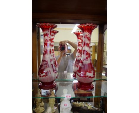 A large pair of late 19th century Bohemian ruby flashed and engraved glass vases,&nbsp;decorated with stags and hounds in a c
