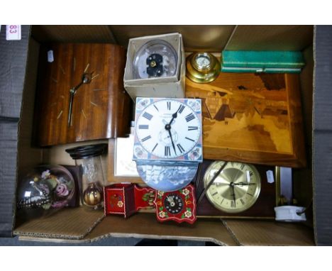 A mixed collection to include vintage wooden mantle clocks, Grillby Massing brass compass, Taylor humidiguide , wooden plaque