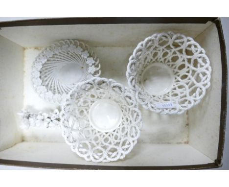 Four Ceramic Items to include three basket ware items together with one small floral planter study. (4) 