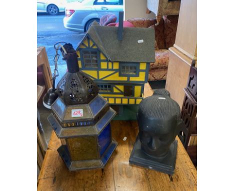 Large handmade wooden model of a house together with modern Buddha head &amp; metal and glass lantern (3) 