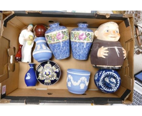A Mixed Collection of Ceramic to include Goebel Monk Biscuit Barrel, Wedgwood Jasperware Items, Prunus Ginger Jar, Bristol Bl