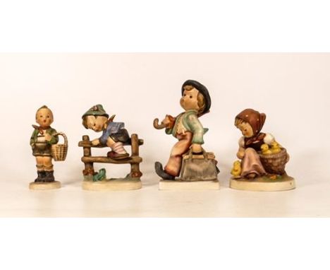 Four Goebel figures chick girl, merry wanderer, retreat to safety and village boy with basket (4) 