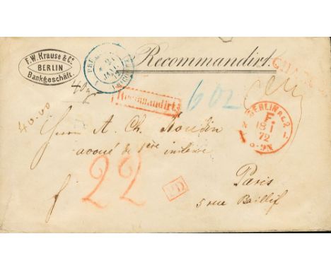 GERMANY. Germany Reich. sobre 1872. Registered cover from BERLIN to PARIS. C.d.s. BERLIN P.E.2, postmarks CHARGE and RECOMAND