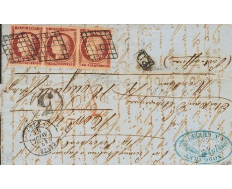 FRANCE. sobre 6(3). 1851. 1 fr carmine, strip of three (invisible fold without any importance). CETTE to NEW YORK (U.S.A.), a