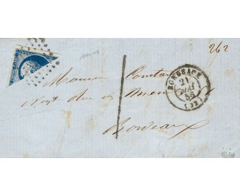 FRANCE. sobre 14Ab. 1854. 20 cts blue black diagonally BISECTED. Internal mail of BORDEAUX (FRANCE). Lozenge small numbers ca