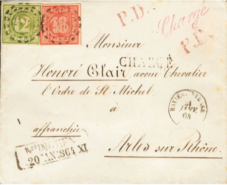 GERMANY. Bavaria (Bayern). sobre 13, 14. 1862. 12 k green and 18 k red. Registered cover from MUNICH to ARLES (FRANCE). Numer